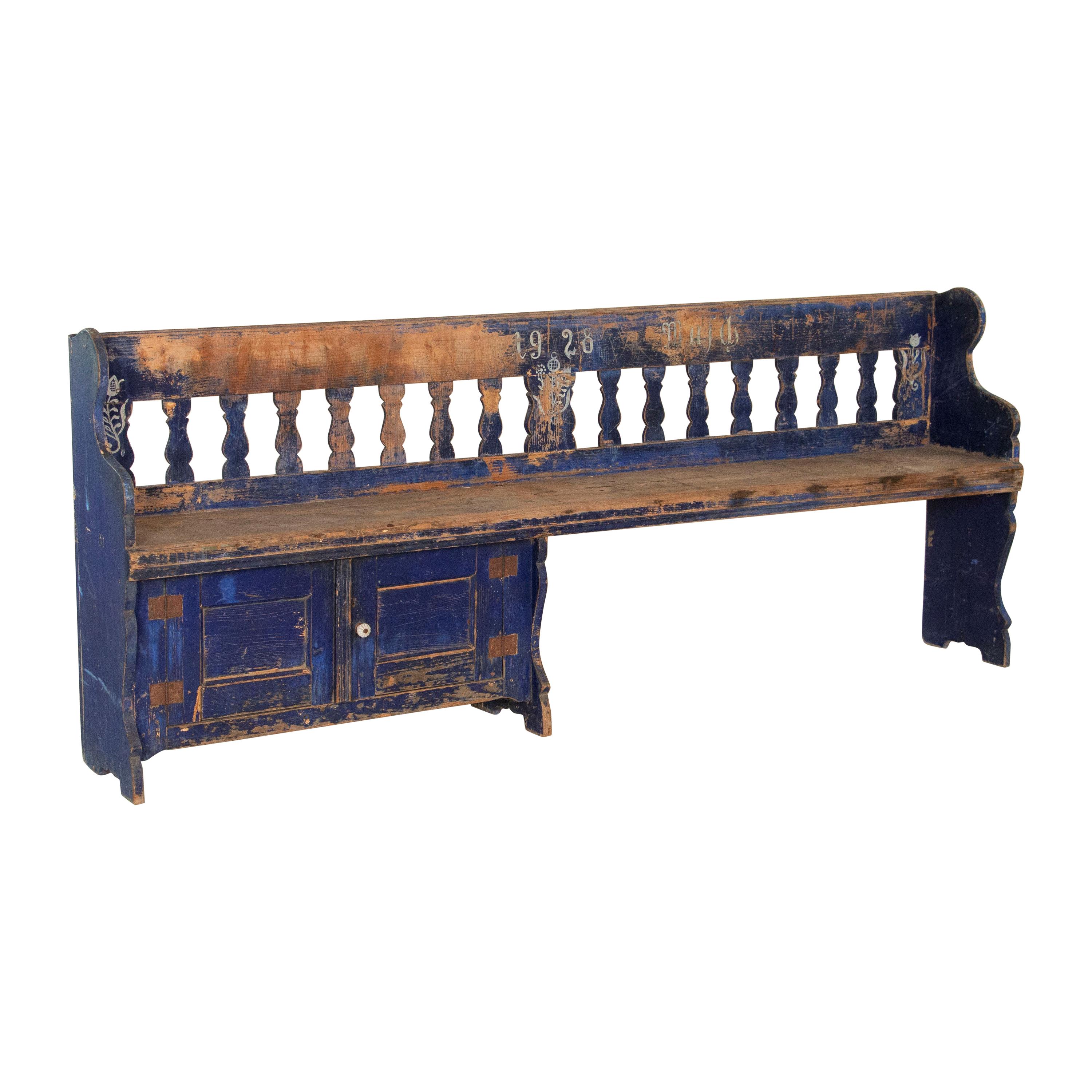 Antique Original Blue Painted Pine Bench