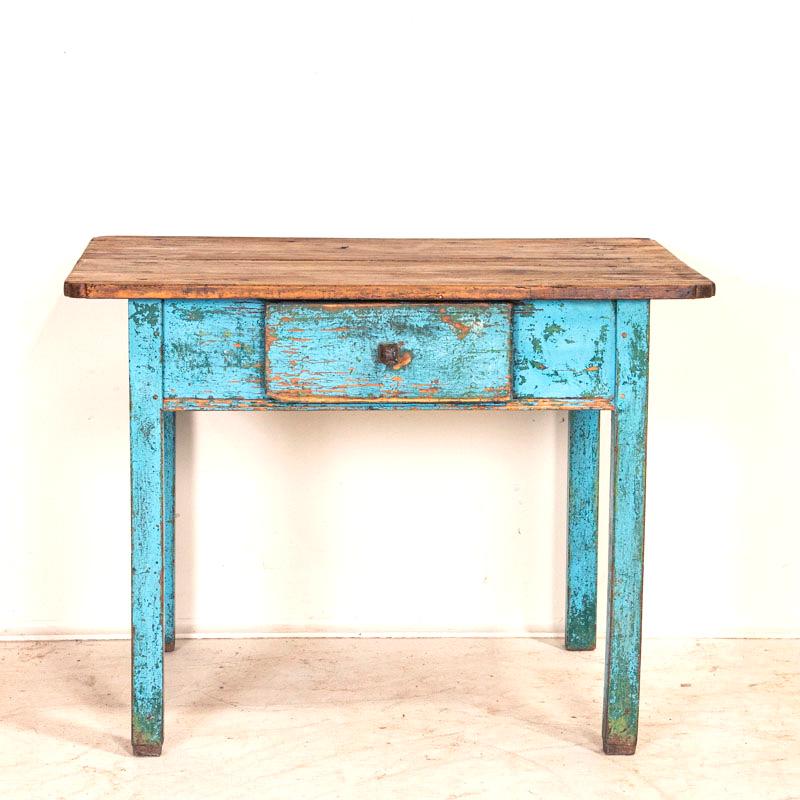 Wood Antique Original Blue Painted Small Farmhouse Table with Drawer