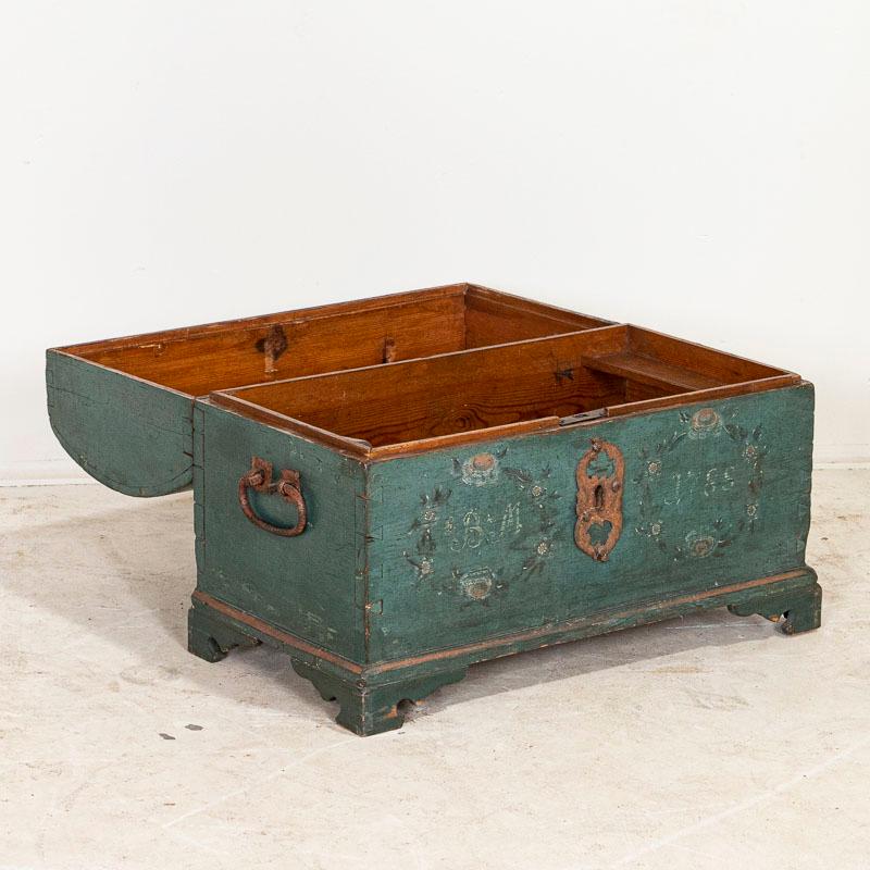 This exceptional trunk is a wonderful example of Swedish craftsmanship and a tremendous find. The lovely patina of the original teal blue paint has softened and distressed over countless generations of use. Note the monogram of B&M and date 1788