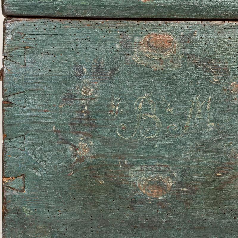 Wood Antique Original Blue Painted Small Trunk Dated 1788 from Sweden