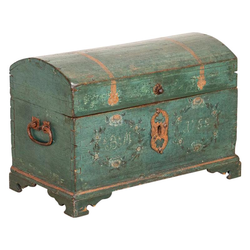 Antique Original Blue Painted Small Trunk Dated 1788 from Sweden