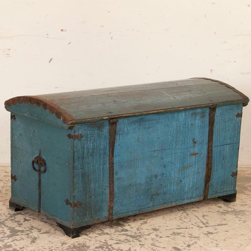 19th Century Antique Original Blue Painted Swedish Dome Top Trunk Dated 1844