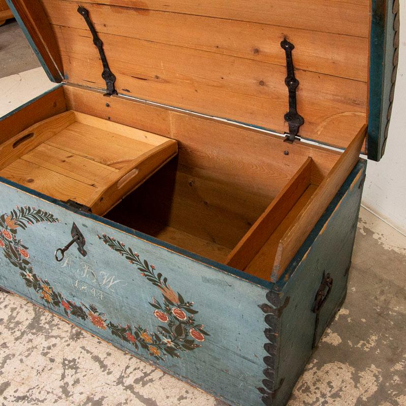 Wood Antique Original Blue Painted Swedish Dome Top Trunk Dated 1844