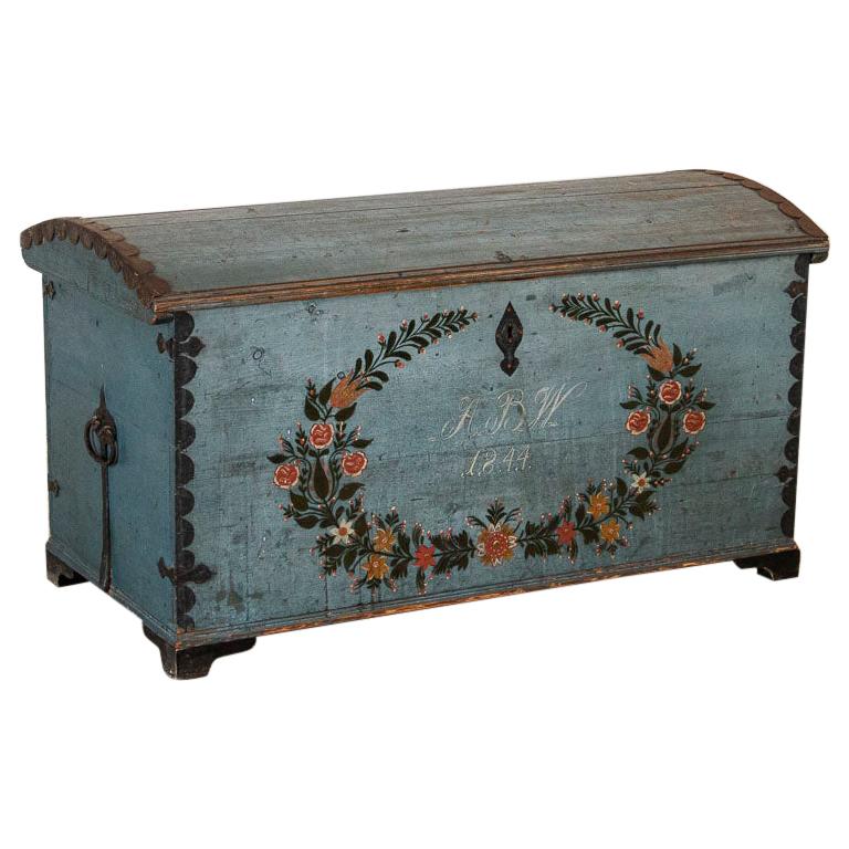 Antique Original Blue Painted Swedish Dome Top Trunk Dated 1844
