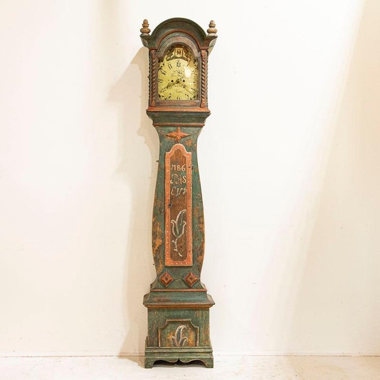 18th Century Antique Original Painted Swedish Mora Grandfather Clock, Dated 1786