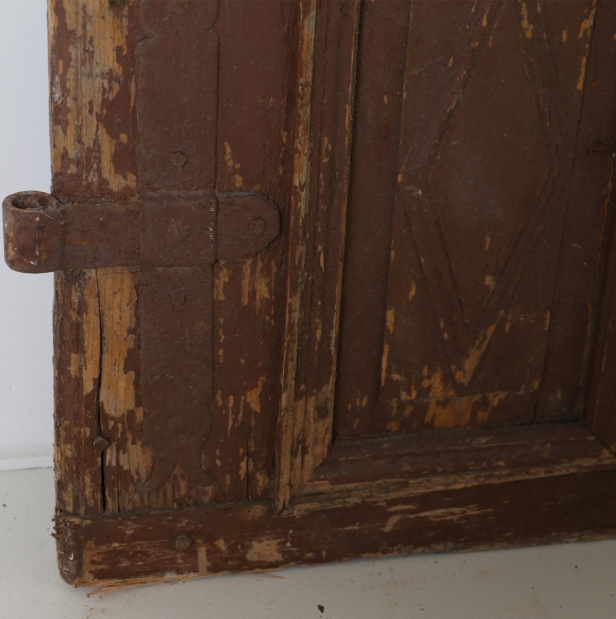 Antique Original Brown Painted Rustic Wood Door In Distressed Condition In Round Top, TX