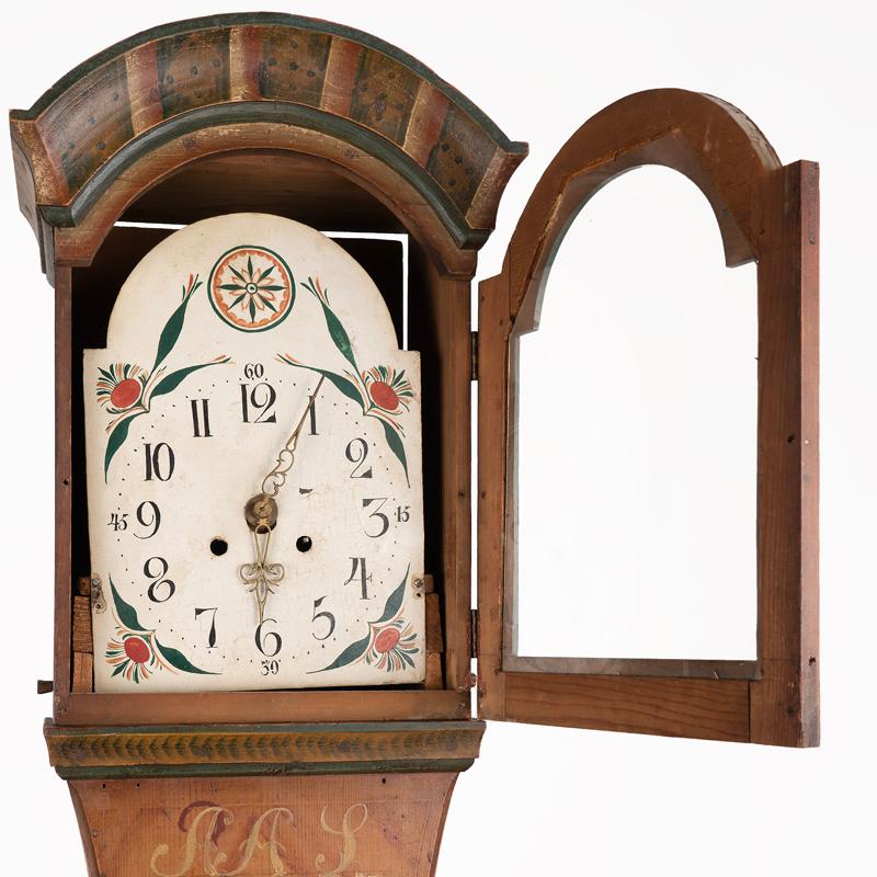 Antique Original Brown Painted Swedish Mora Grandfather Clock, Dated 1857 In Good Condition In Round Top, TX