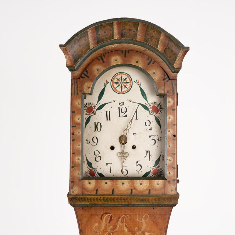 19th Century Antique Original Brown Painted Swedish Mora Grandfather Clock, Dated 1857