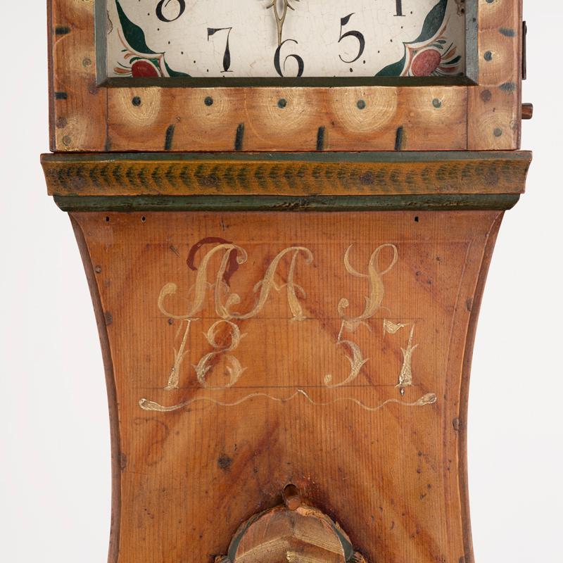 Wood Antique Original Brown Painted Swedish Mora Grandfather Clock, Dated 1857