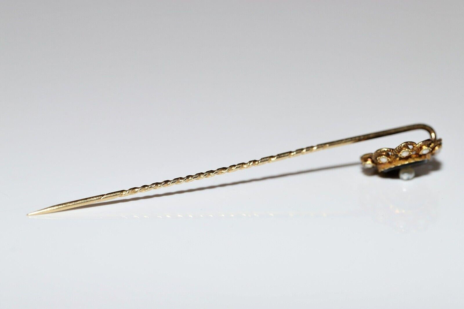 Spilla decorata con perle naturali e onice in oro 14k, antica e originale, del 1900 circa. in vendita 6
