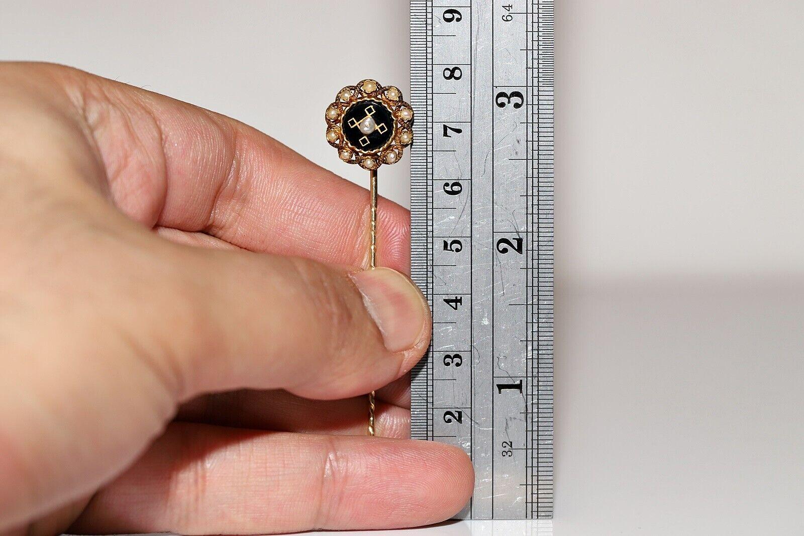 Spilla decorata con perle naturali e onice in oro 14k, antica e originale, del 1900 circa. In condizioni buone in vendita a Fatih/İstanbul, 34