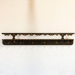 Antique Original Dark Green Painted Hanging Rack with Hand Carved Pegs