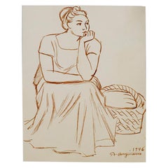 Antique Original Drawing by Raul Anguiano, 1946