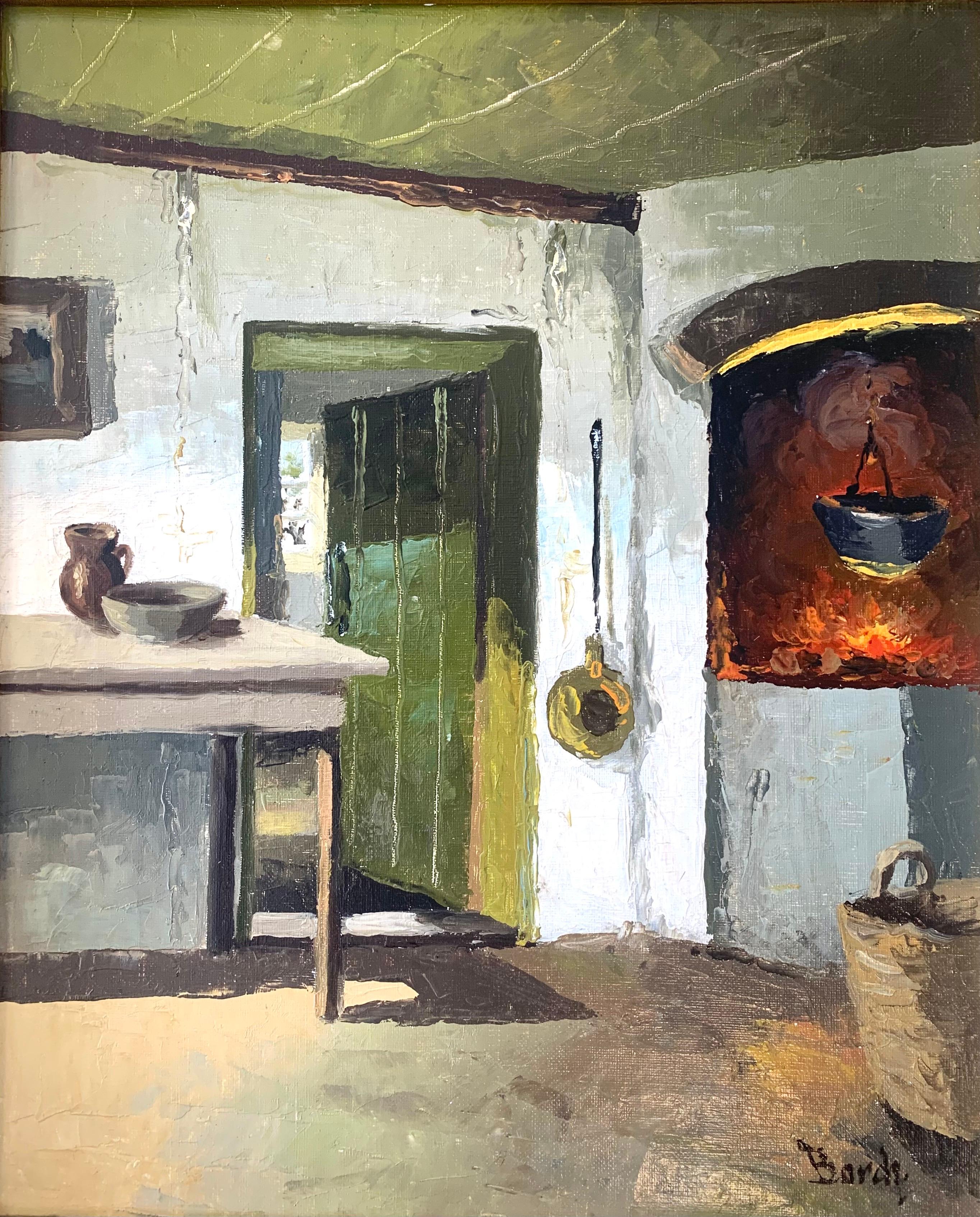Il s'agit d'une peinture à l'huile ancienne signée de V.I.I. Borch (1891-1968) avec un beau motif de l'intérieur d'une petite exploitation simple et bien tenue. 

Le coin de la cheminée crée de belles couleurs chaudes et rougeâtres, qui complètent