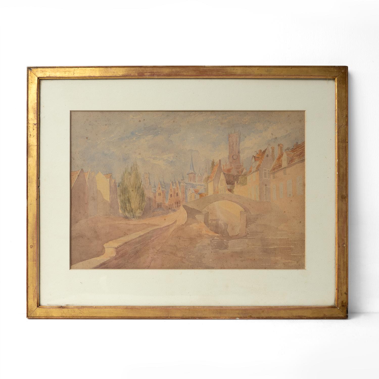 ANTIQUE ORIGINAL FRAMED BELGIAN WATERCOLOUR PAINTING
Depicting a view of Bruges, looking down the Groenerei Canal over the steep rooftops towards the dominating medieval Belfry Tower.

Painted skilfully capturing light and shade extremely well and