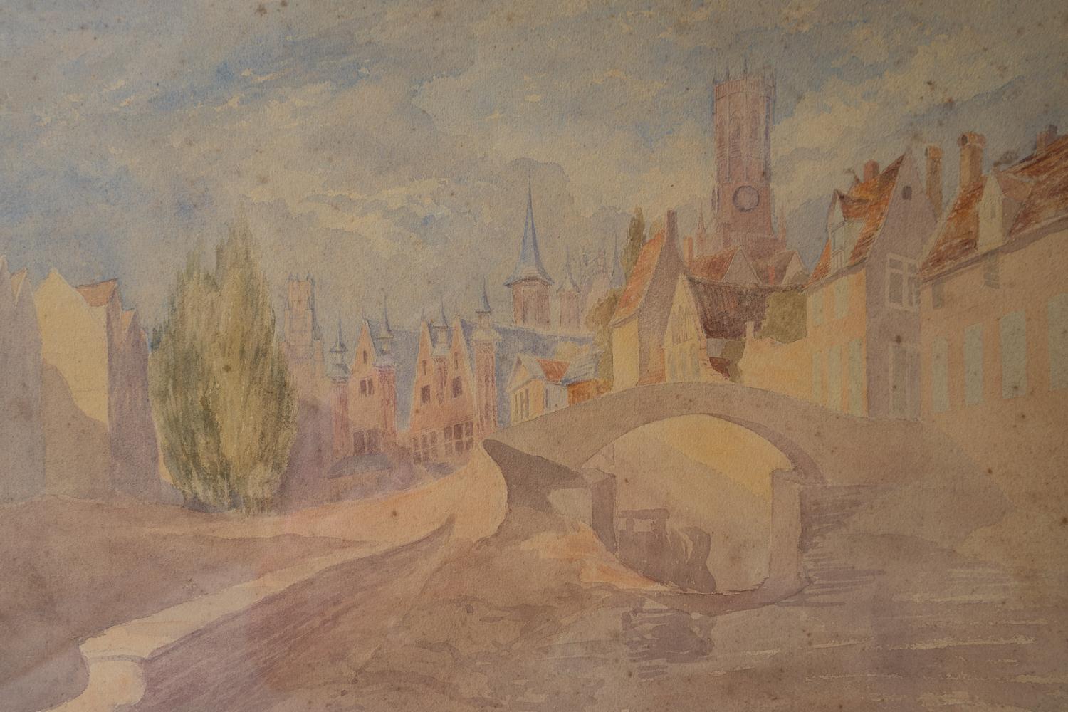 Belgian Antique Original Edwardian Landscape Watercolour Depicting Bruges For Sale