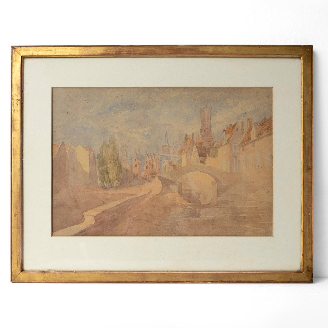 Antique Original Edwardian Landscape Watercolour Depicting Bruges For Sale