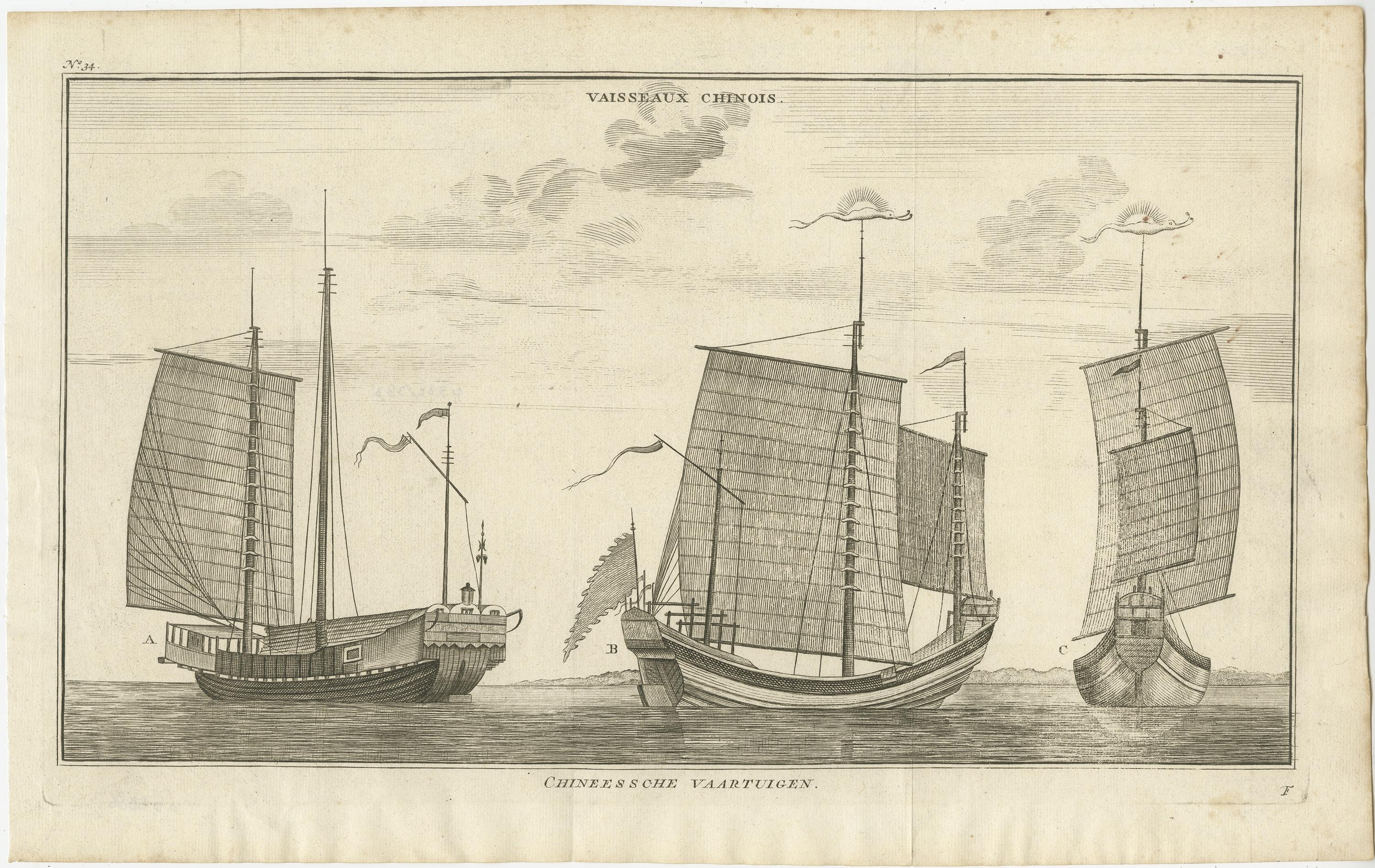 Description: Plate no.34: 'Vaisseaux chinois.' (Chinese vessels.) This original auhentic plate originates from: 'Reize rondom de werreld, Gedaan in de jaaren 1740 tot 1744, door den Heere George Anson …', 3rd. Ed., published in Leiden and Amsterdam