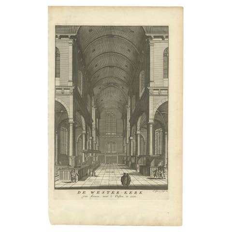 Antique Original Engraving of the Interior of the 'Westerkerk', Amsterdam, 1765