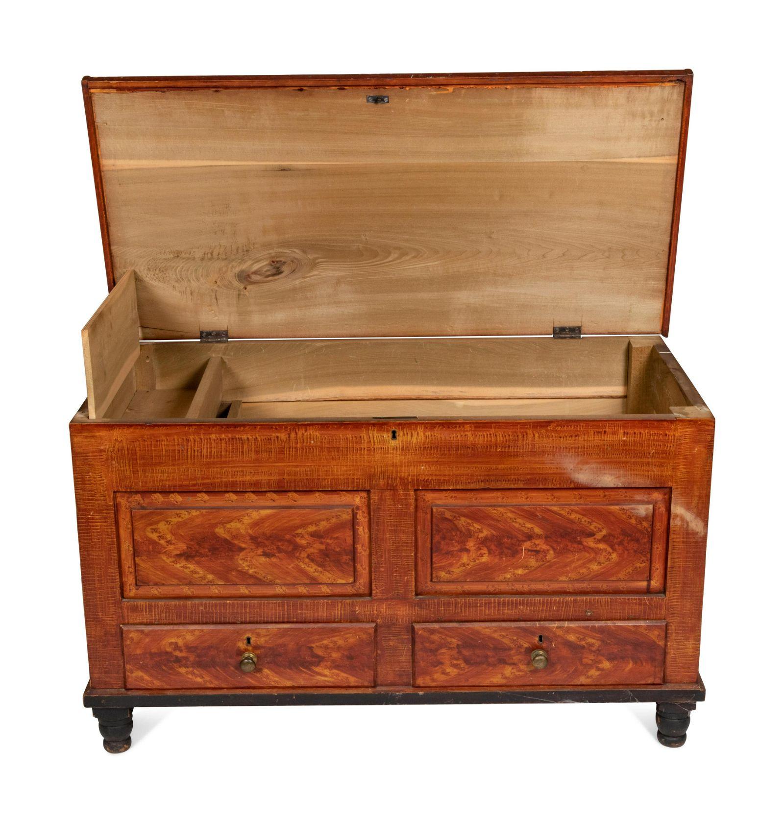 American Colonial Antique Original Faux Grain Painted Two Drawer Blanket Chest For Sale