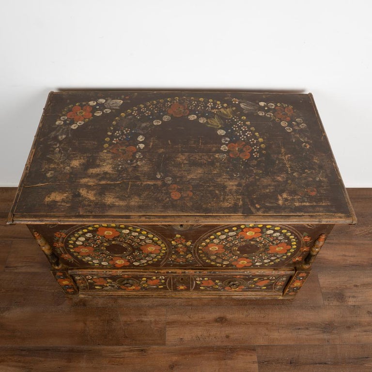 Antique Original Folk Art Painted Large Trunk with Flowers, Hungary For ...