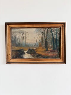 Peinture à l'huile ancienne représentant un paysage forestier, vers 1910