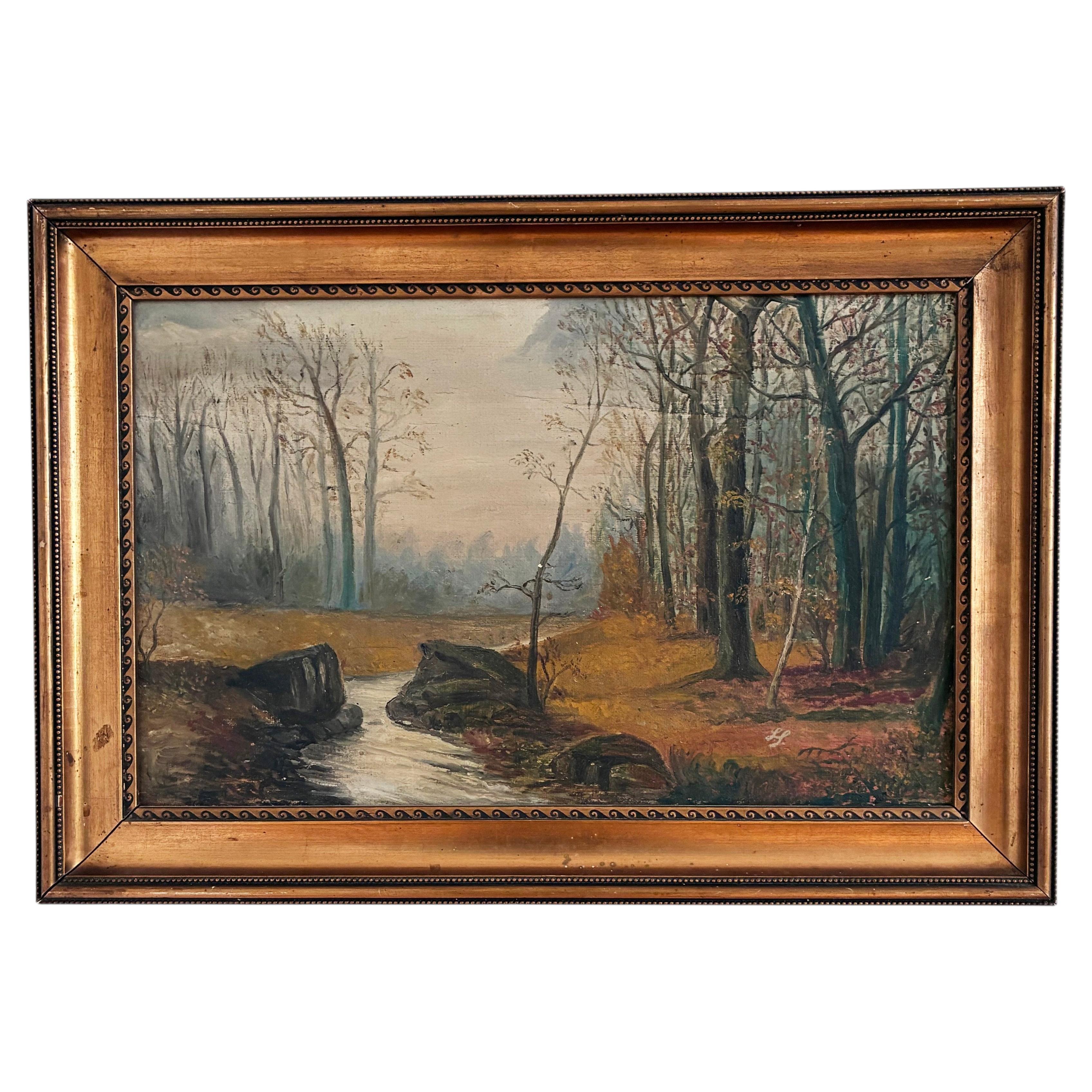 Cuadro al óleo antiguo y original de un paisaje forestal, hacia 1910 en venta