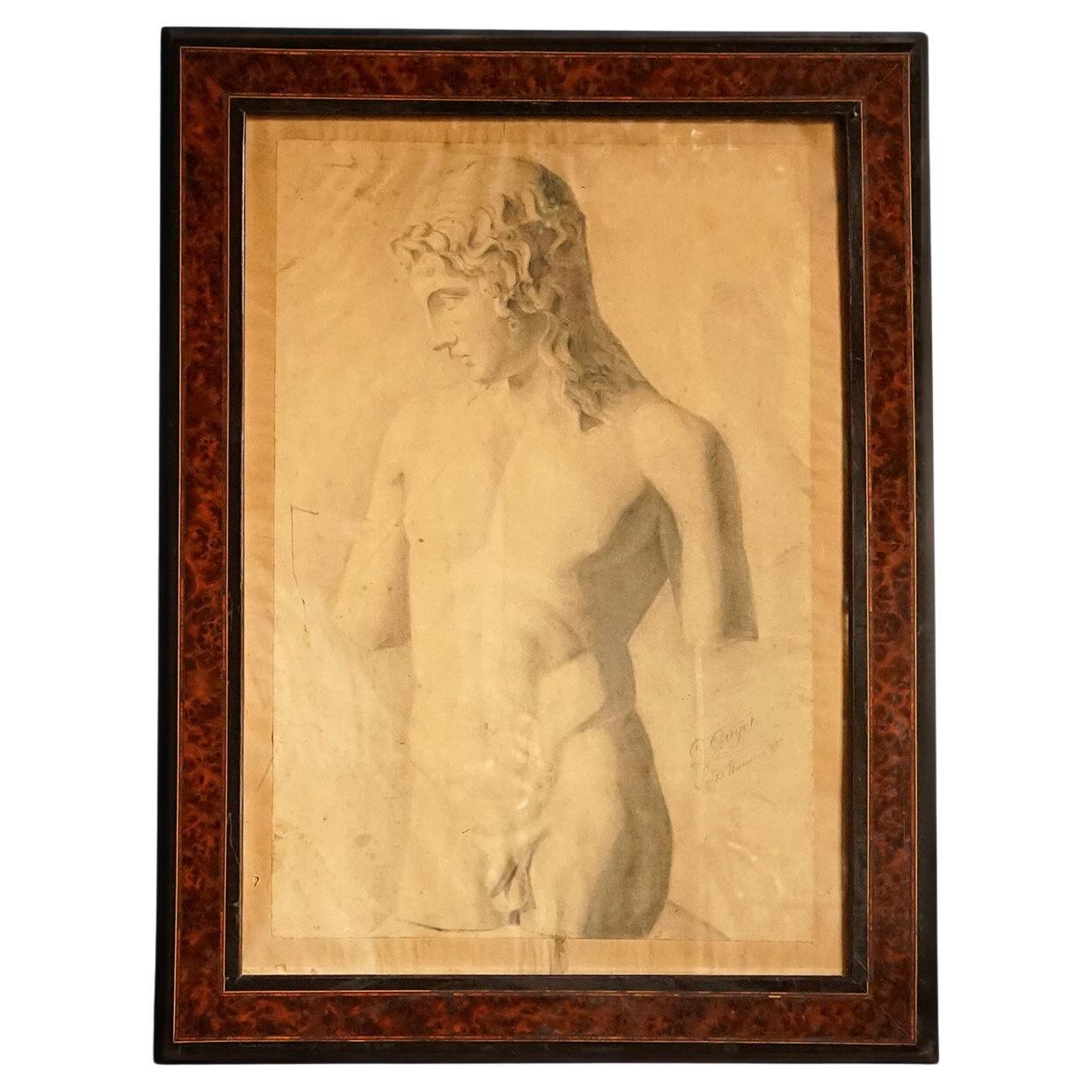  Antique Original French Drawing of a Classical Figure, 1885