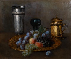 Antique Original French Still Life Oil on Canvas Painting - Grapes, Plums