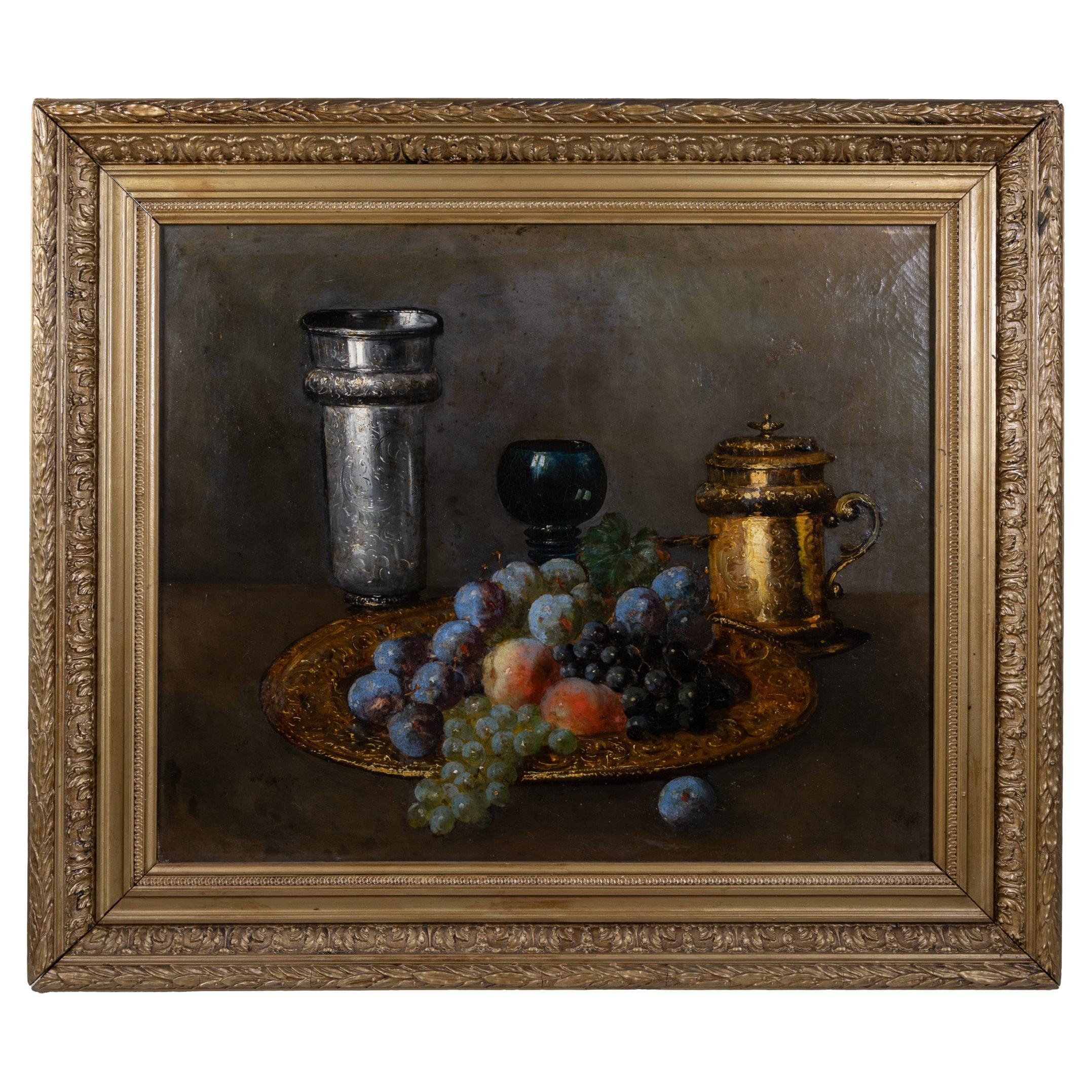 Antique Original French Still Life Oil on Canvas Painting - Grapes, Plums