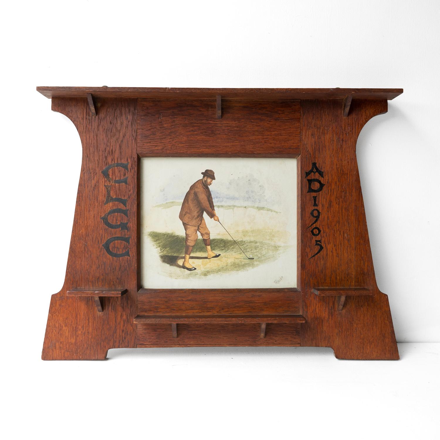 ANTIQUE GOLFING INTEREST PICTURE AND FRAME
An interesting and unique piece which was probably commissioned for an early golf club.

A charming watercolour study of an early 20th-century golfer in typical tweed attire in a picturesque setting with
