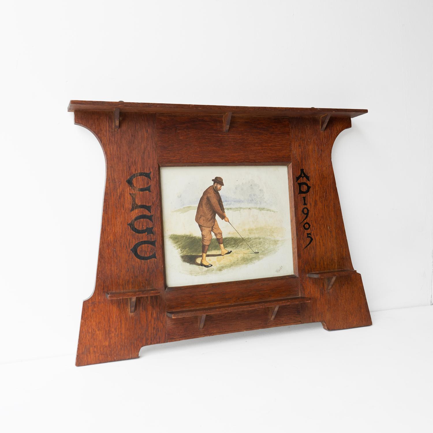Antique Original Golf Watercolour Painting In Oak Arts And Crafts Frame 1905 In Good Condition In Bristol, GB