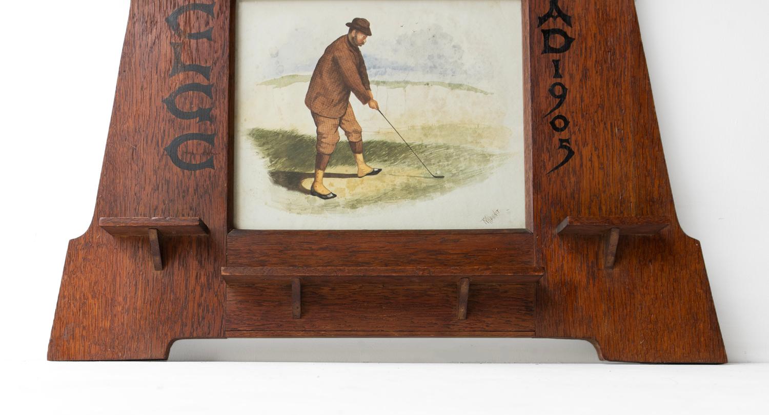 Wood Antique Original Golf Watercolour Painting In Oak Arts And Crafts Frame 1905