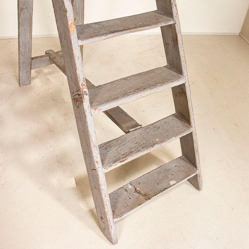 Antique Original Gray Painted Folding French Library Ladder Marked 