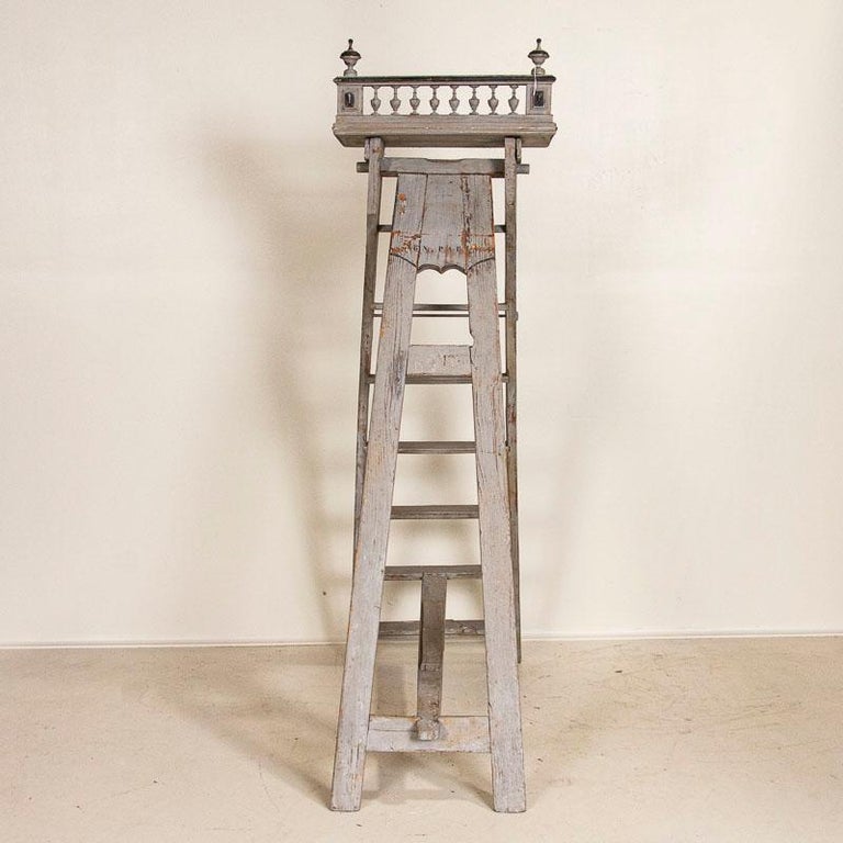 Antique Original Gray Painted Folding French Library Ladder Marked 
