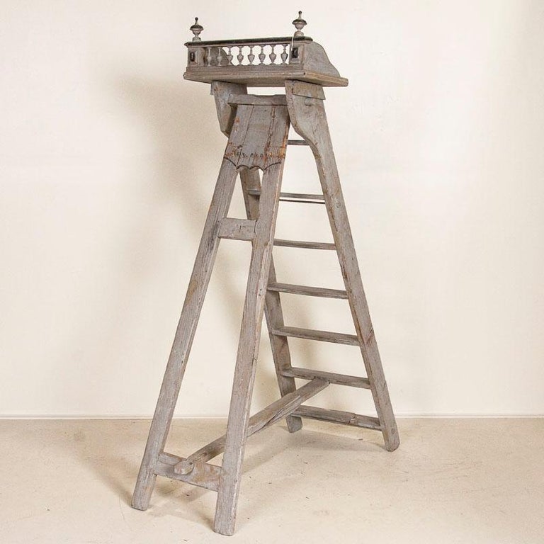 19th Century Antique Original Gray Painted Folding French Library Ladder Marked 