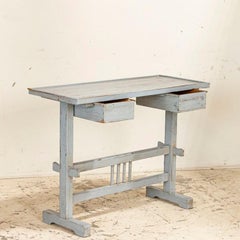 Antique Original Gray Painted Side Table with Unique Drawers