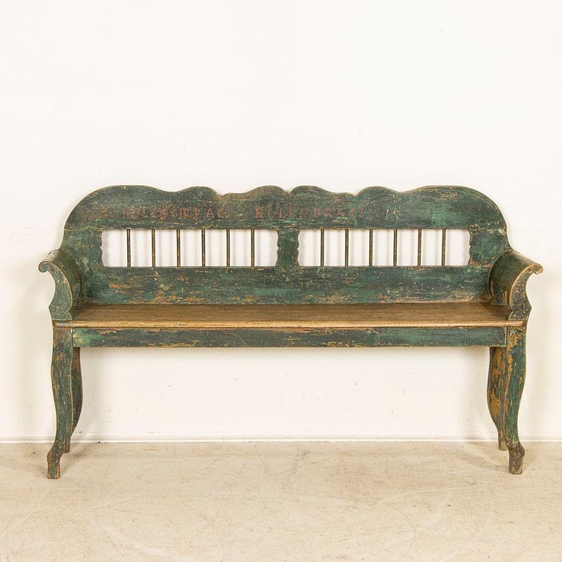 Hungarian Antique Original Green Painted Bench Dated 1897