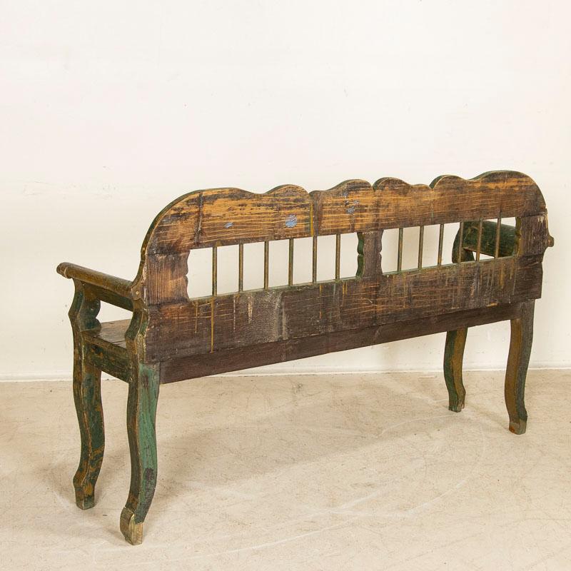 Antique Original Green Painted Bench Dated 1897 In Good Condition In Round Top, TX