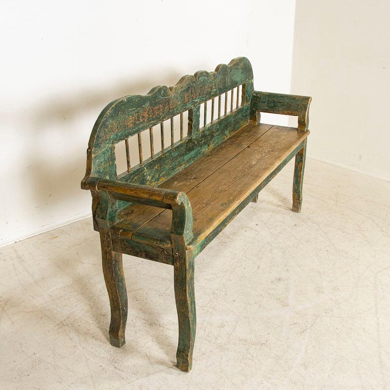 19th Century Antique Original Green Painted Bench Dated 1897