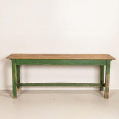 Antique Original Green Painted Farm Trestle Table, Dining or Console