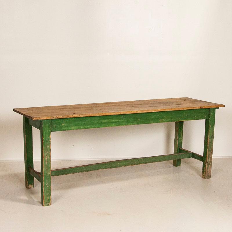 Hungarian Antique Original Green Painted Farm Trestle Table, Dining or Console