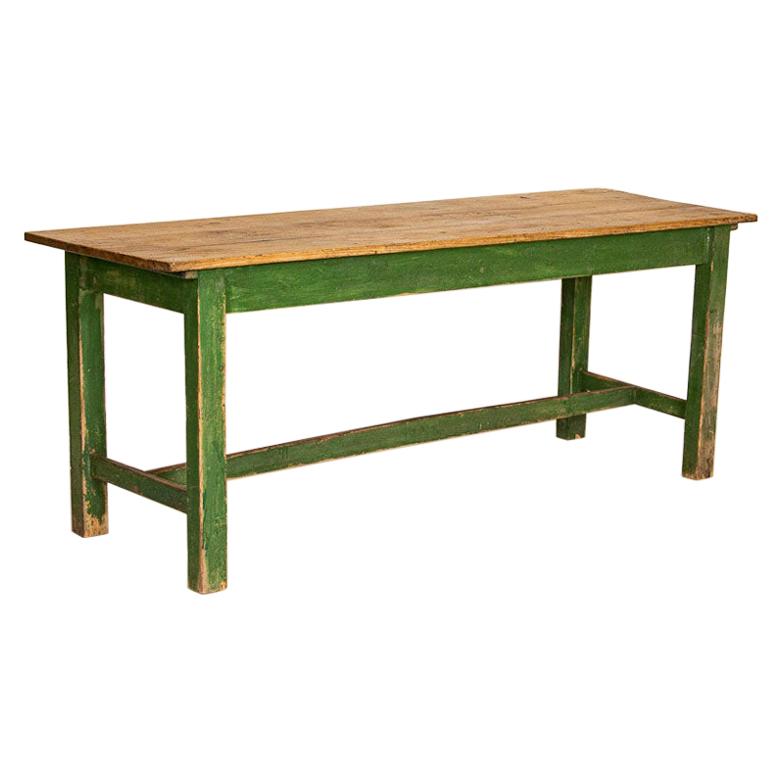 Antique Original Green Painted Farm Trestle Table, Dining or Console
