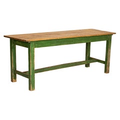 Antique Original Green Painted Farm Trestle Table, Dining or Console