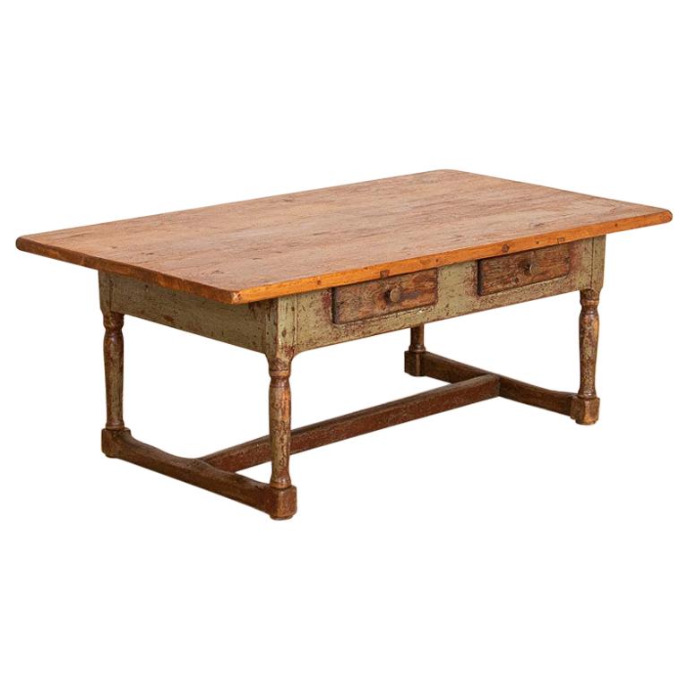 Antique Original Green Painted Farmhouse Coffee Table with Two Drawers