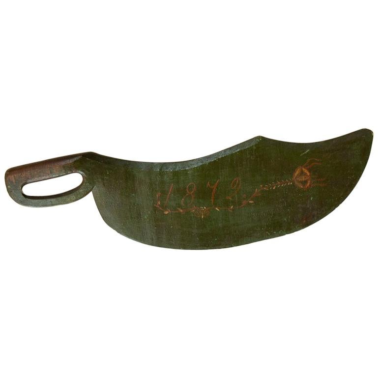 Antique Original Green Painted Flax Tool / Scutching Knife, Sweden Dated 1872 For Sale