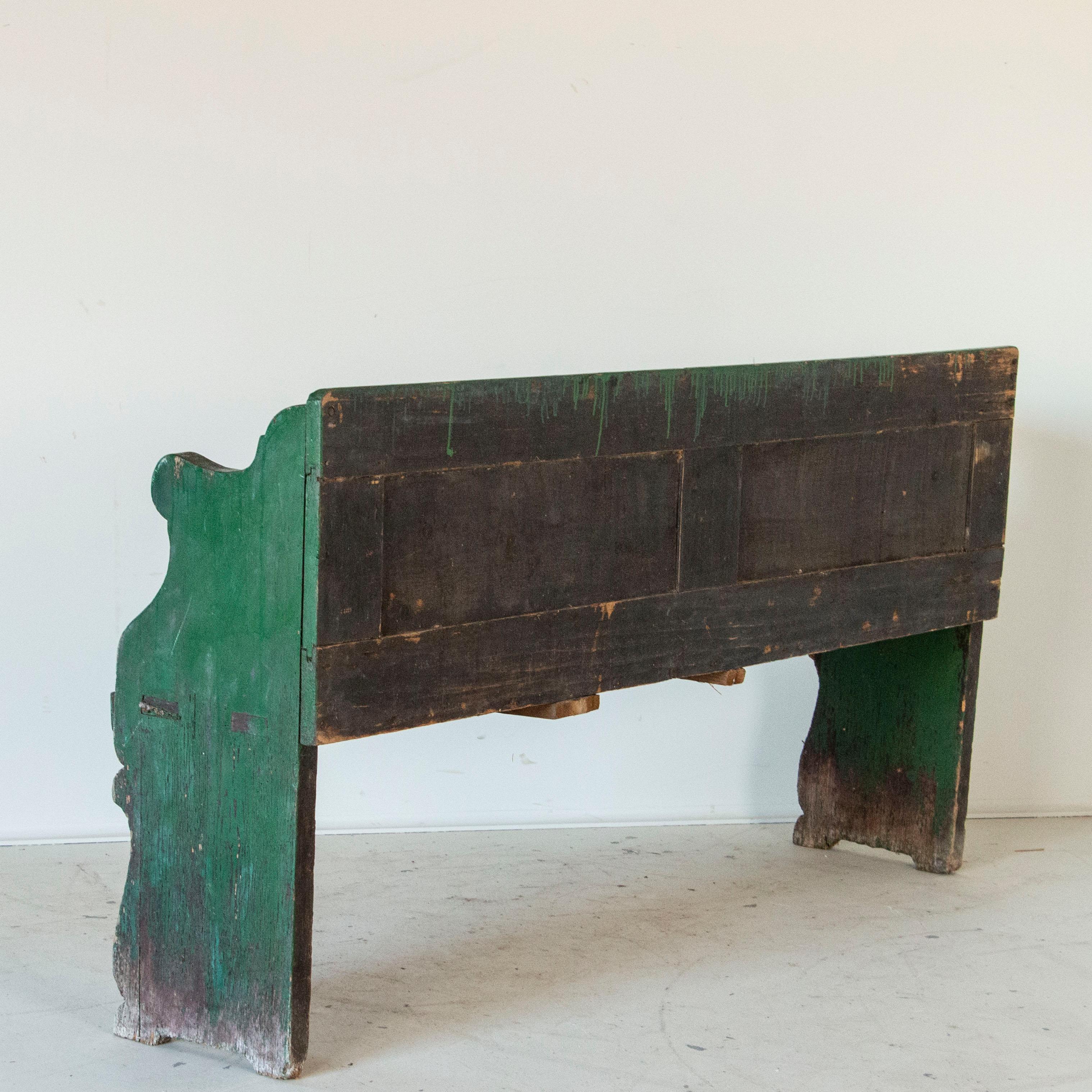 Hungarian Antique Original Green Painted Pine Bench with Back from Hungary