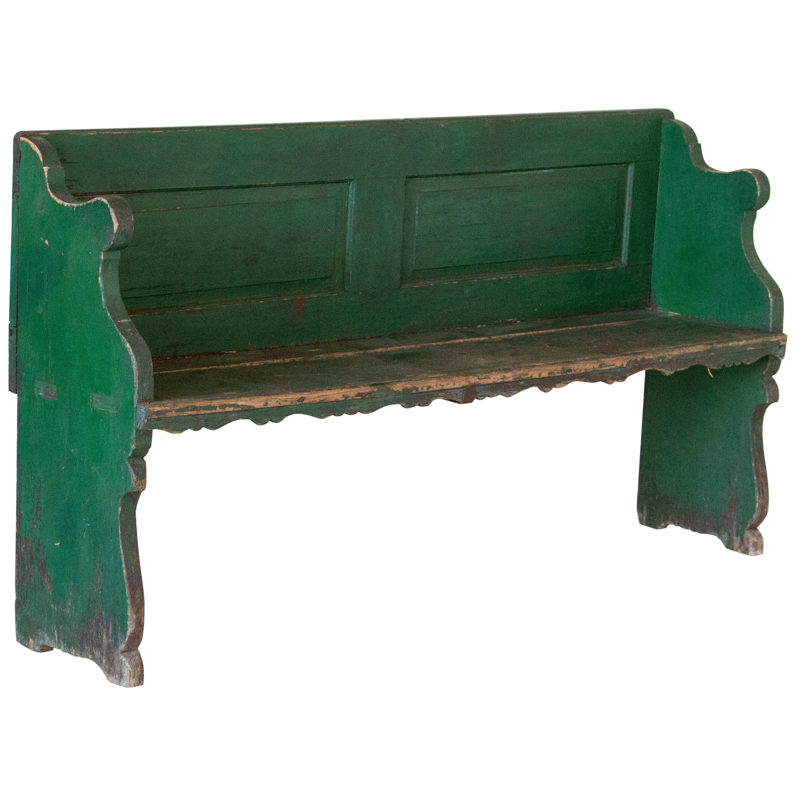 Antique Original Green Painted Pine Bench with Back from Hungary