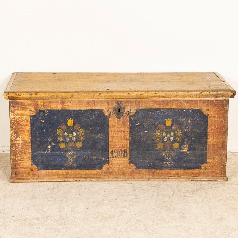 Hungarian Antique Original Hand-Painted Flat Top Trunk With Flowers Dated 1908 from Hungar