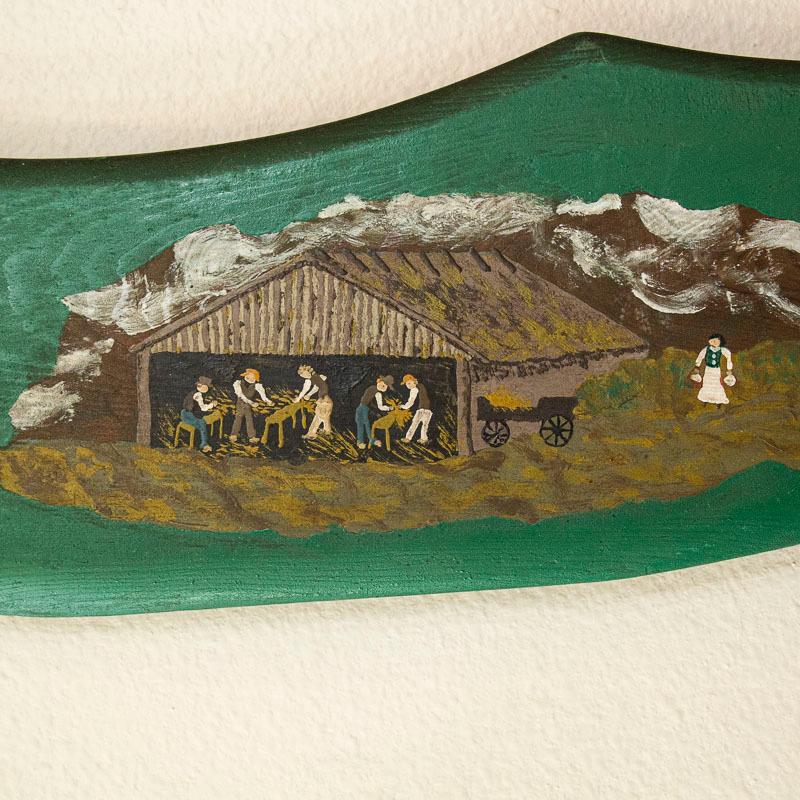 Antique Original Hand Painted Flax Tool with Scene of Farmers Scutching Flax Dat In Good Condition For Sale In Round Top, TX